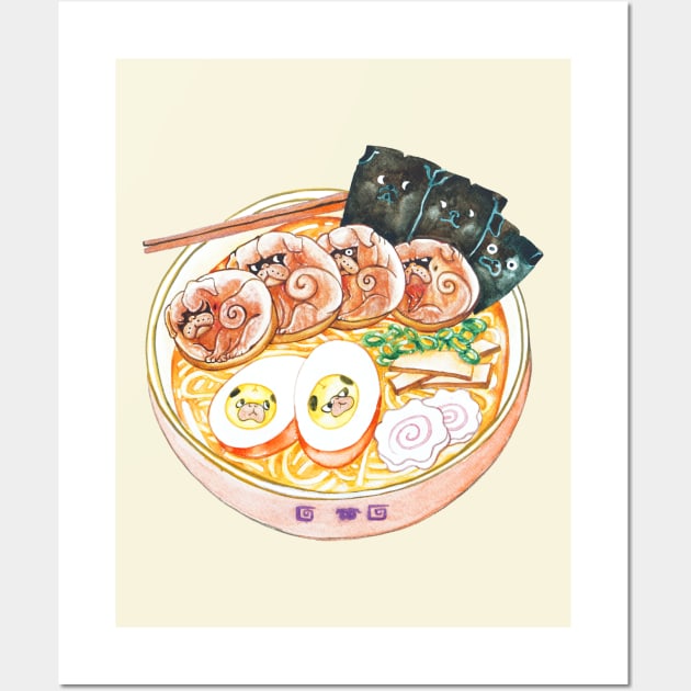 Ramen Pugs Watercolor Wall Art by huebucket